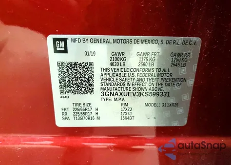 2019 Chevrolet Equinox Lt z USA, uszkodzony, nr VIN 3GNAXUEV3KS599331